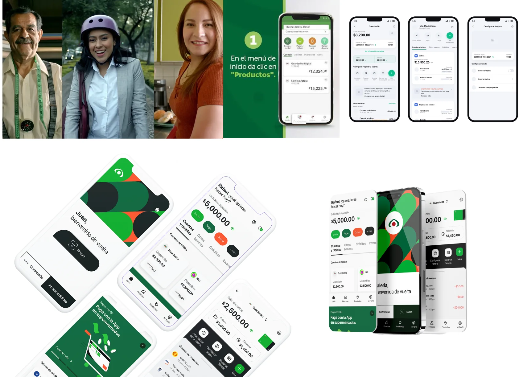 Banco Azteca app: campaign imagery, wireframes, and the redesigned journey-based dashboard on phones
