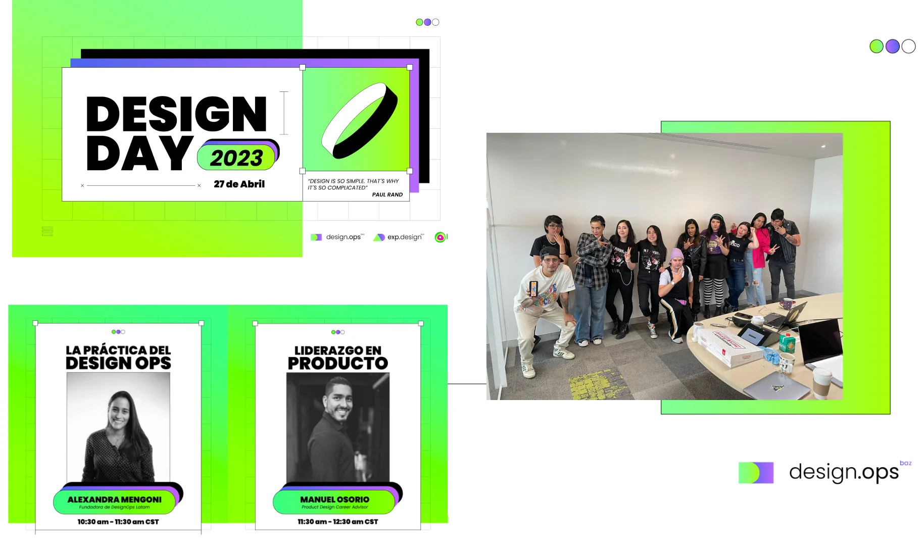 UX Design Day 2023 key visual, speaker posters, and a photo of the Banco Azteca design team