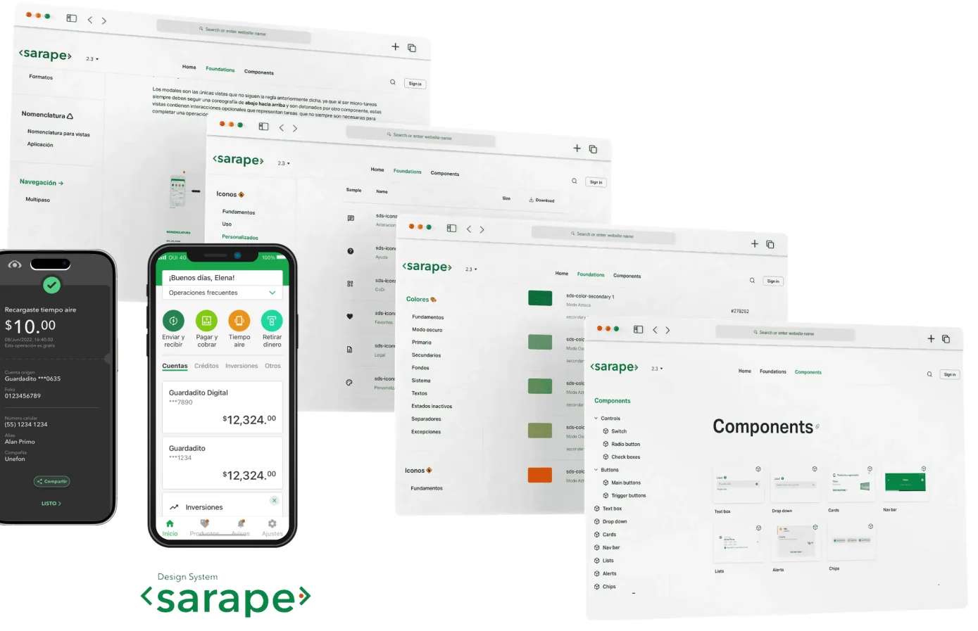 Sarape documentation site pages for foundations, icons, colors, and components, with app screens built on the system